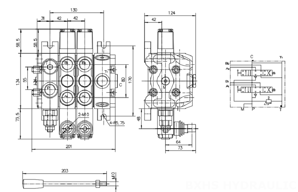 DCV100 Manuell 2 spolar Sektionsstyrvventil drawing image