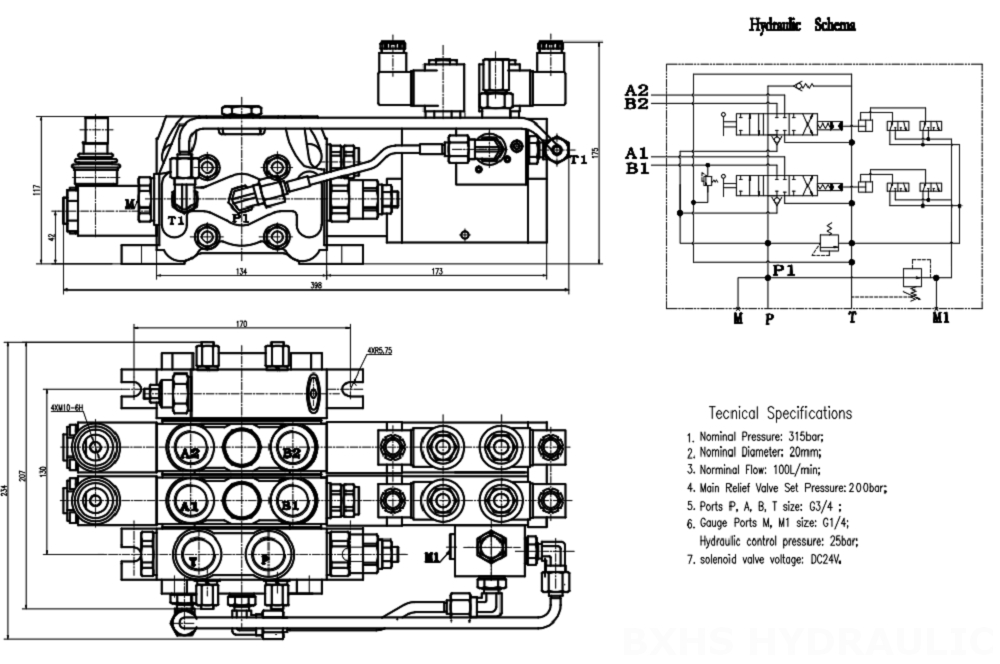 DCV100 Elektrohydraulisk 2 spolar Sektionsstyrvventil drawing image