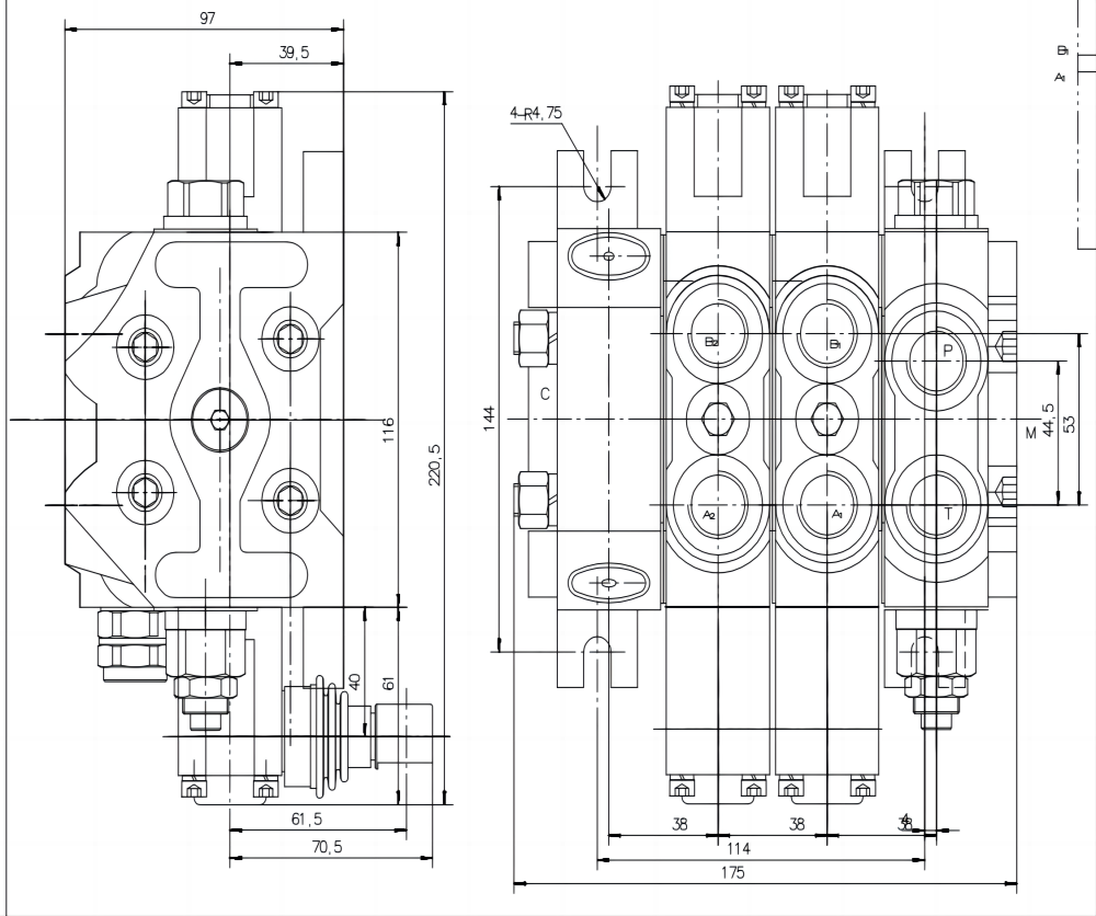 DCV60 Manuell 2 spolar Sektionsstyrvventil drawing image