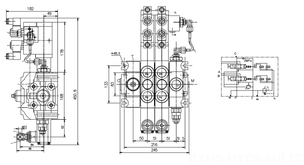 DCV200 Elektrohydraulisk 2 spolar Sektionsstyrvventil drawing image