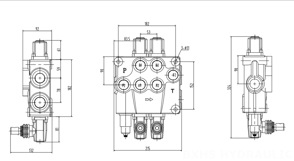 P120 Manuell 2 spolar Monoblockstyrvventil drawing image