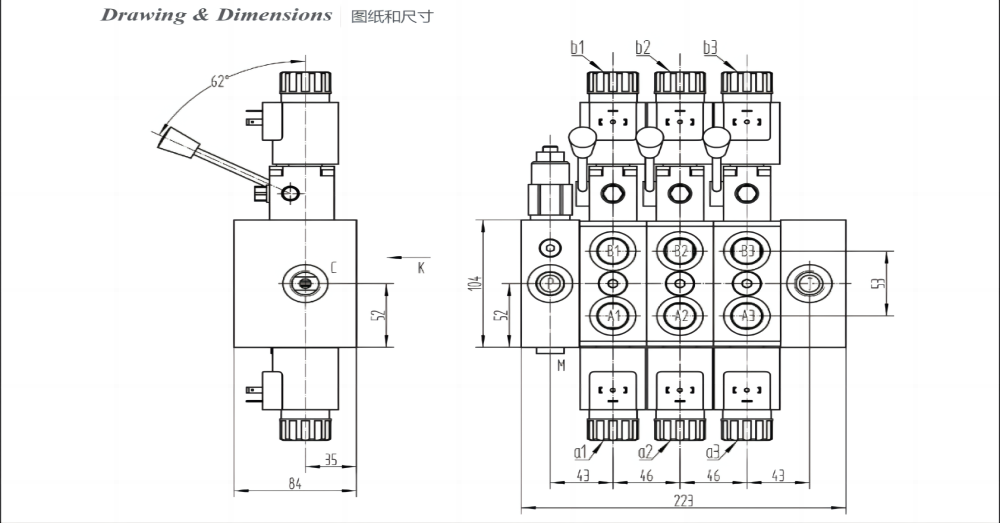 DCV58 Solenoid och Manuell 3 spolar Sektionsstyrvventil drawing image