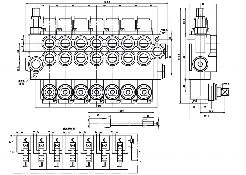 P40-U78 Manuell 7 spolar Monoblockstyrvventil drawing image