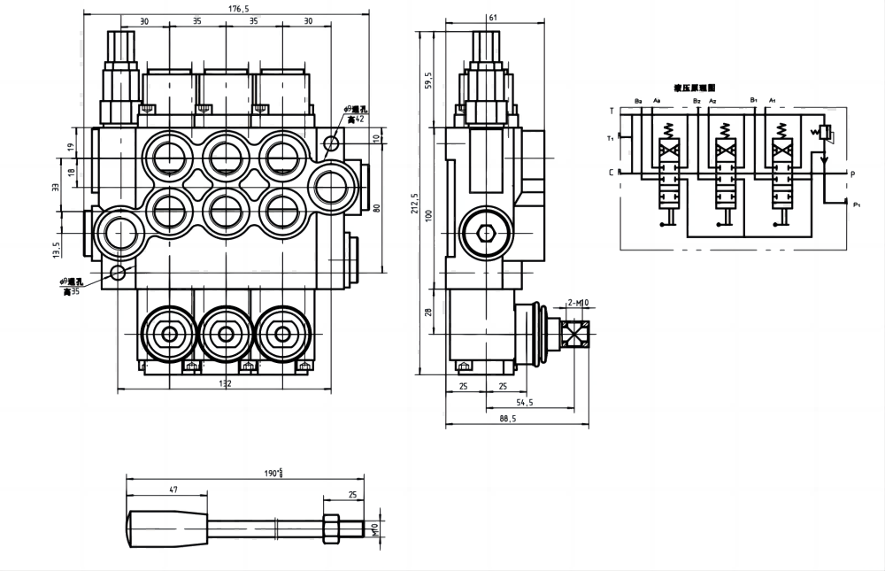 P40-U34-OT Manuell 3 spolar Monoblockstyrvventil drawing image