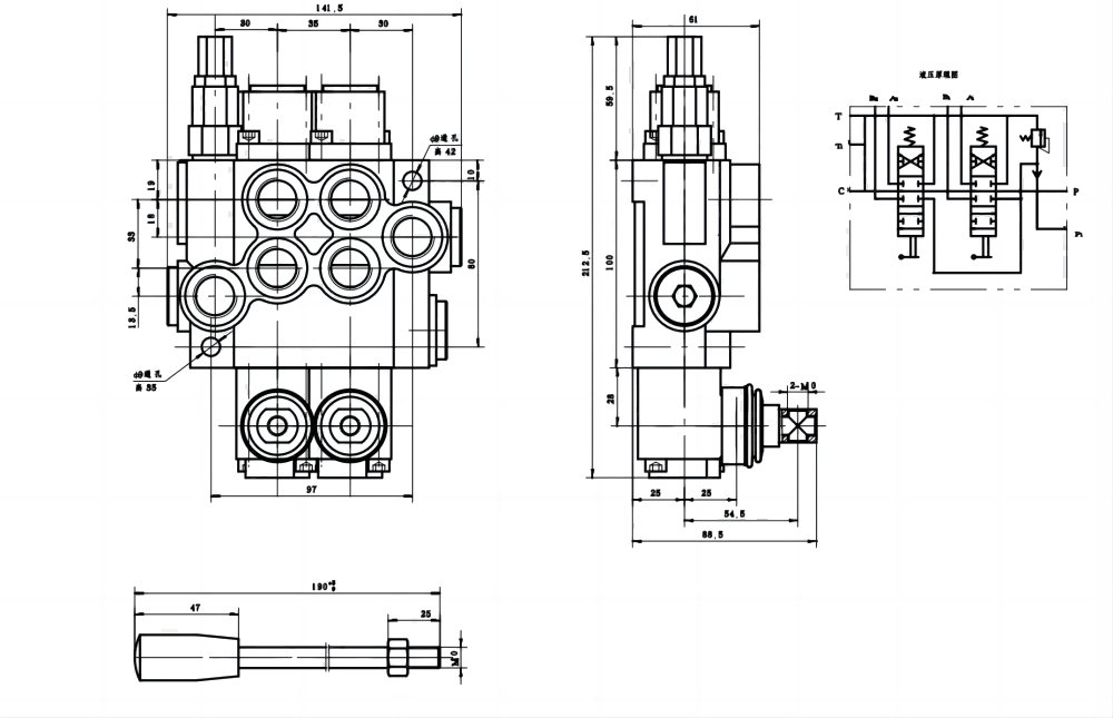 P40-G12-2OT Manuell 2 spolar Monoblockstyrvventil drawing image