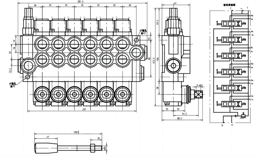 P40-U34 Manuell 6 spolar Monoblockstyrvventil drawing image