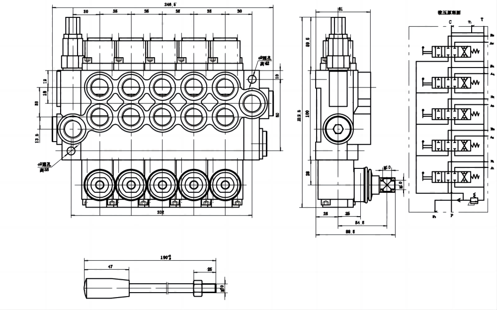 P40-G12-G38 Manuell 5 spolar Monoblockstyrvventil drawing image