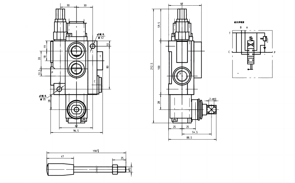 P40-OT Manuell 1 spole Monoblockstyrvventil drawing image