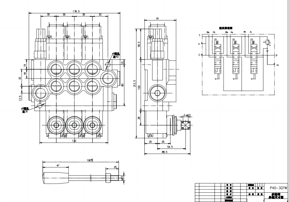 P40-G12-G38-3QTW Manuell 3 spolar Monoblockstyrvventil drawing image