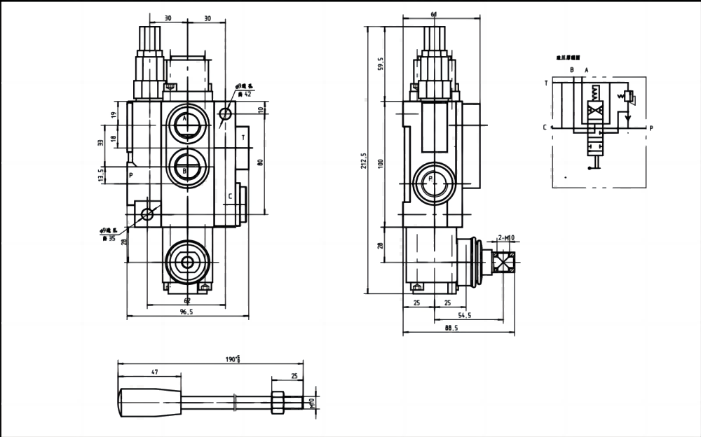 P40-G12-YW Manuell 1 spole Monoblockstyrvventil drawing image