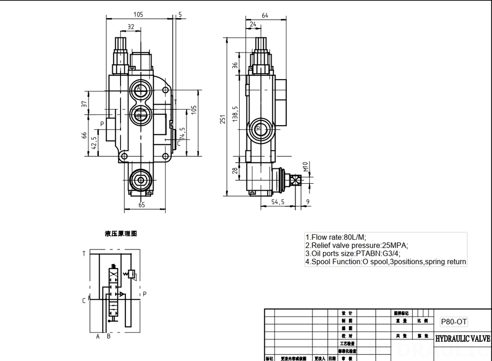 P80-G12-G34 Manuell 1 spole Monoblockstyrvventil drawing image