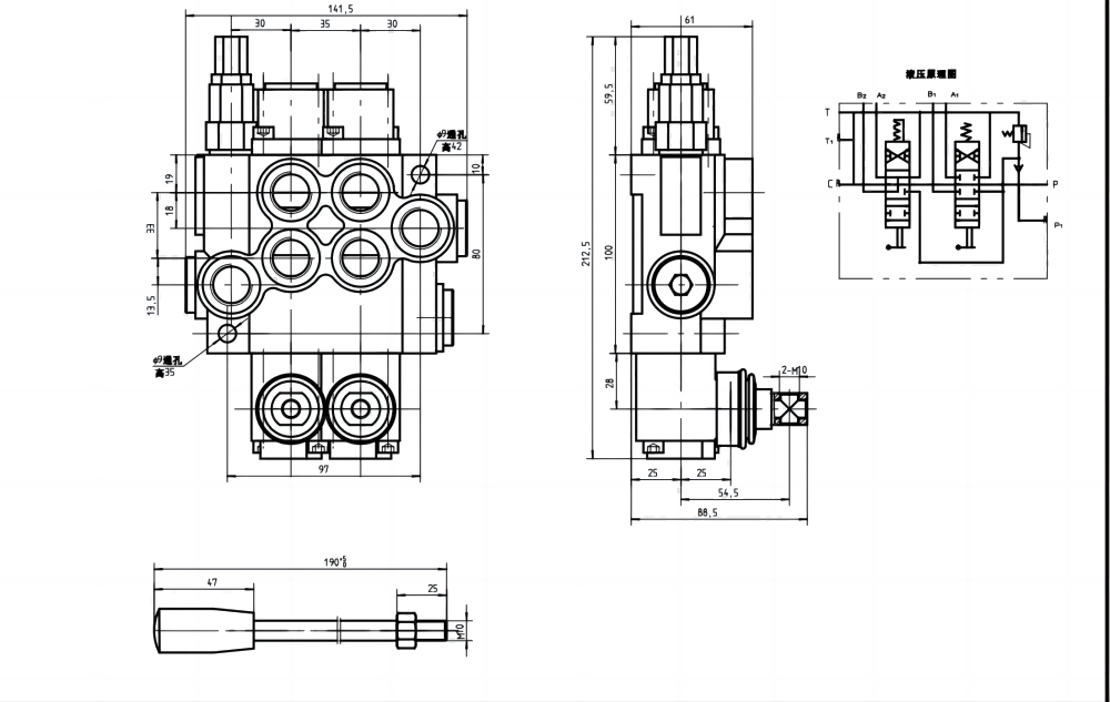 P40-U78-U34-OT-YW Manuell 2 spolar Monoblockstyrvventil drawing image