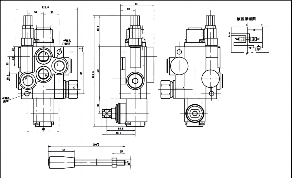 P40J Manuell 1 spole Monoblockstyrvventil drawing image