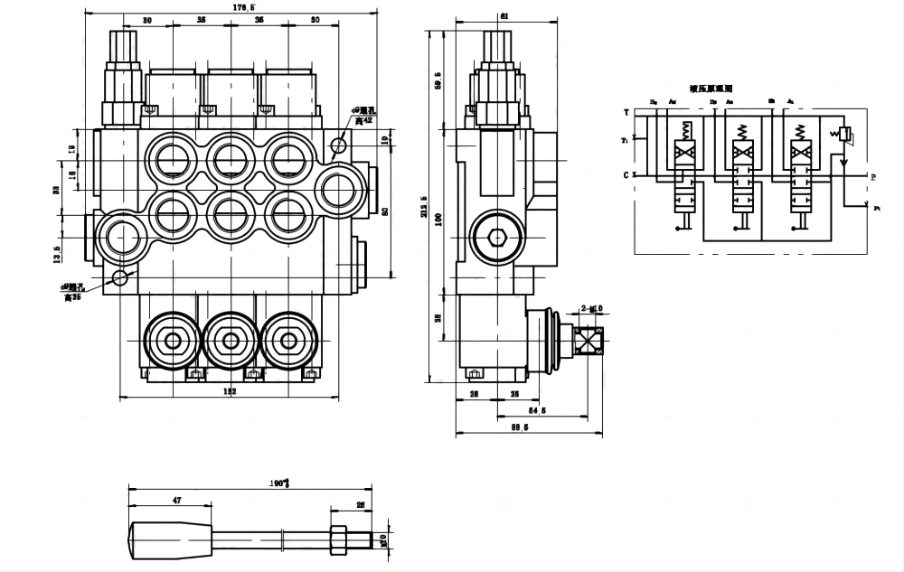 P40-U78-U34-2OT-YW Manuell 3 spolar Monoblockstyrvventil drawing image