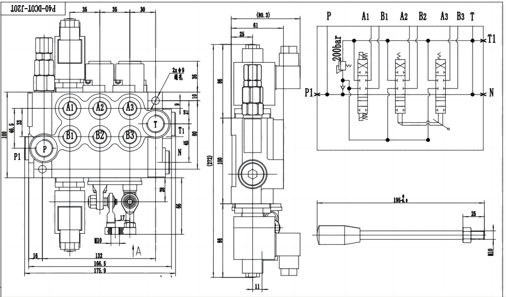 P40 Solenoid och Joystick 3 spolar Monoblockstyrvventil drawing image