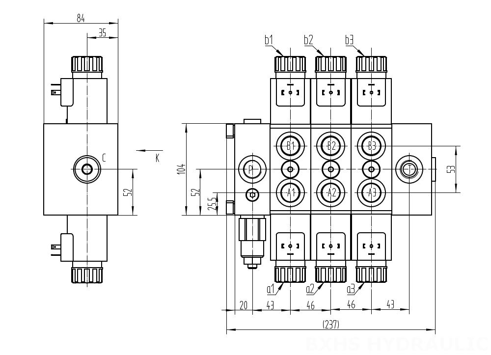 DCV58 Solenoid 3 spolar Sektionsstyrvventil drawing image