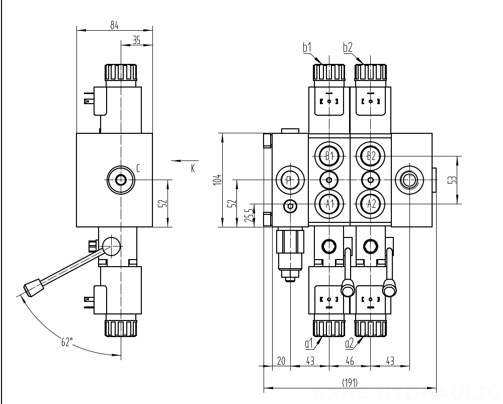 DCV58 Solenoid 2 spolar Sektionsstyrvventil drawing image