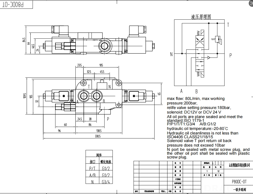 P80 Solenoid 1 spole Monoblockstyrvventil drawing image