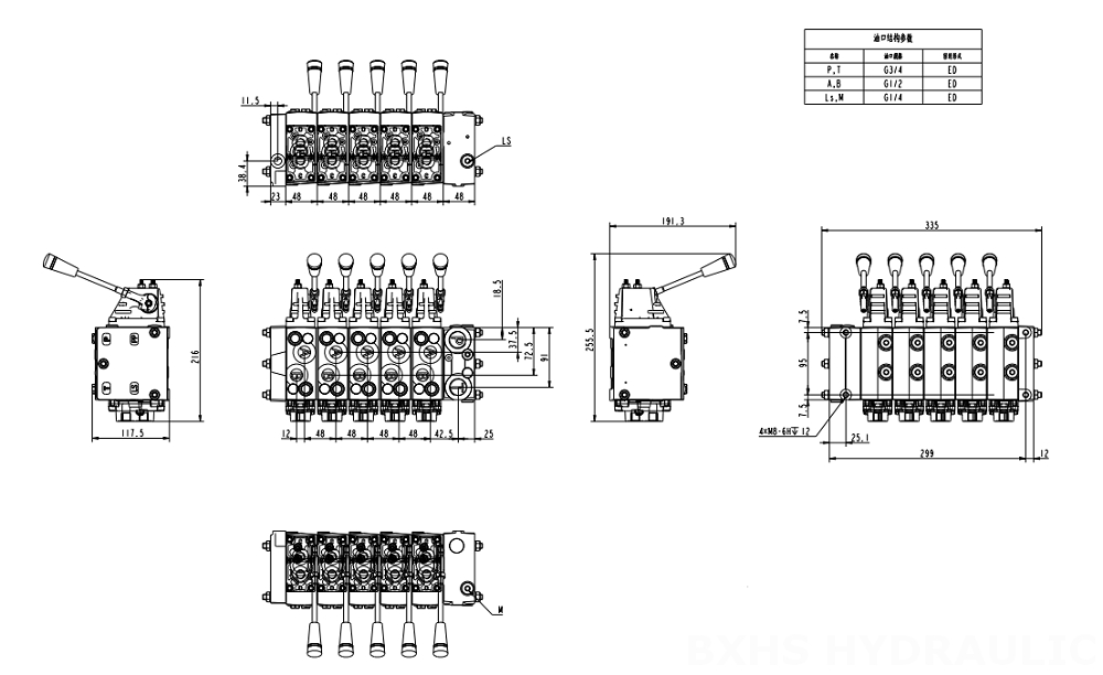 HSDSL Elektroproportionell och Manuell 6 spolar Proportionell reglerventil drawing image