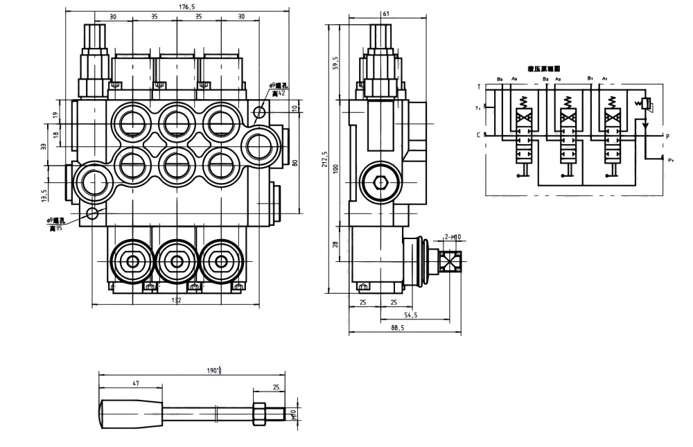 P40-G12 Manuell 3 spolar Monoblockstyrvventil drawing image