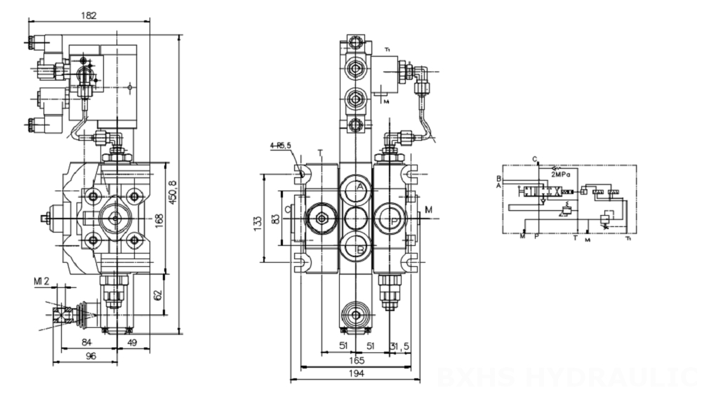 DCV200 Elektrohydraulisk 1 spole Sektionsstyrvventil drawing image