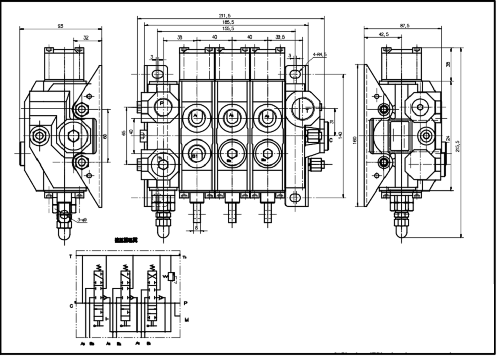 HSDS15 Manuell 3 spolar Monoblockstyrvventil drawing image