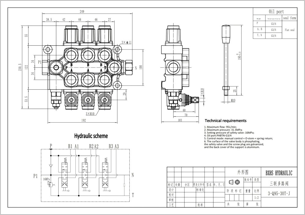 Q95 Manuell 3 spolar Monoblockstyrvventil drawing image