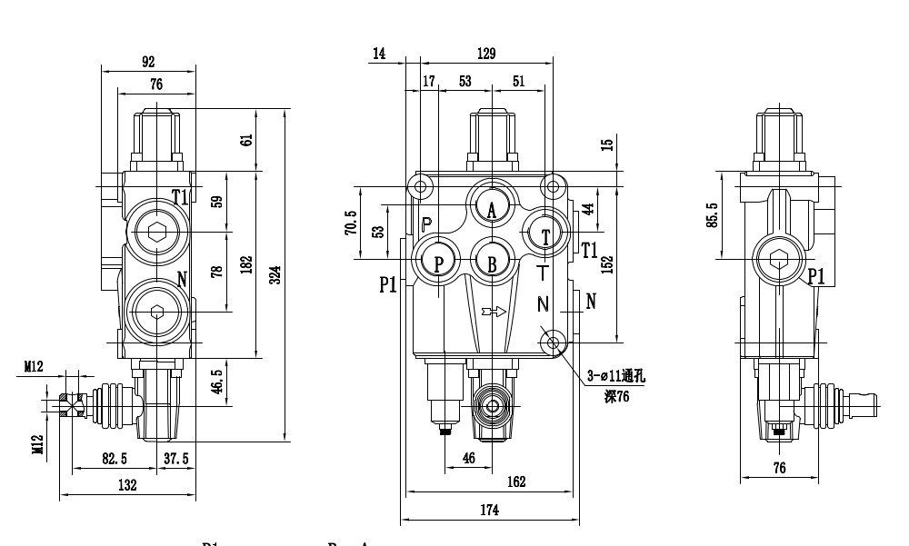 P120-G1-OT Manuell 1 spole Monoblockstyrvventil drawing image