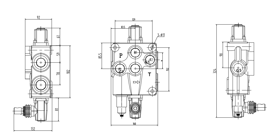 P120-G1 Manuell 1 spole Monoblockstyrvventil drawing image