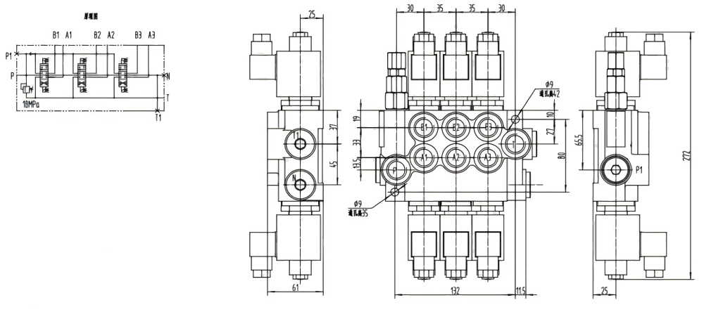 P40-DKL Solenoid 3 spolar Monoblockstyrvventil drawing image