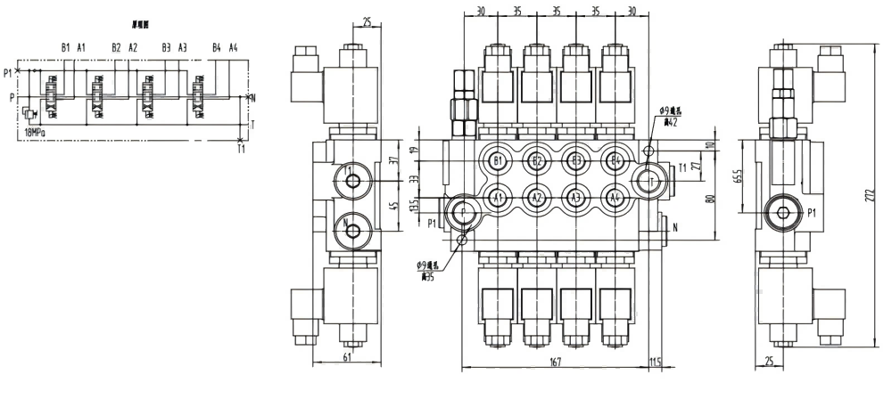 P40-DKL Solenoid 4 spolar Monoblockstyrvventil drawing image