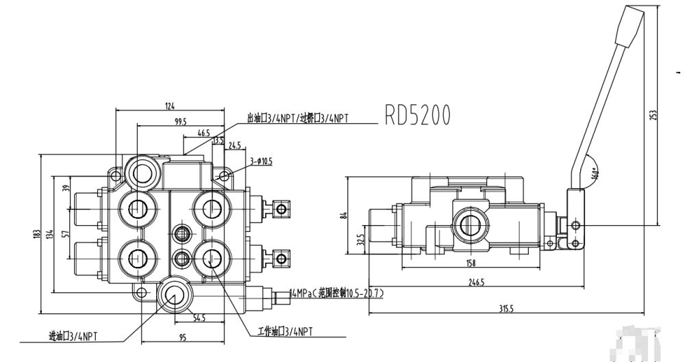 RD5200-H Manuell 2 spolar Hydraulisk styrventil drawing image