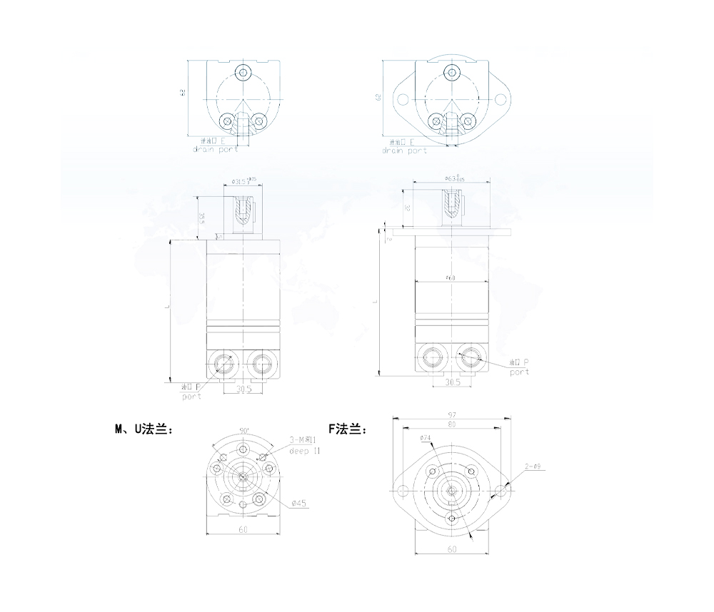 BMM_Cykloid Hydraulmotor 8 cc/varv 14 L/min Hydraulmotor drawing image