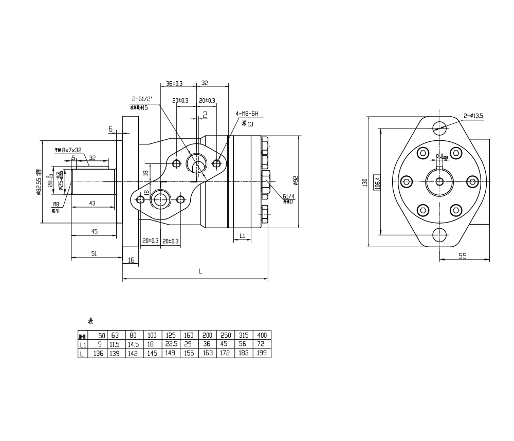 BMP_Cykloid Hydraulmotor 50 cc/varv 38 L/min Hydraulmotor drawing image