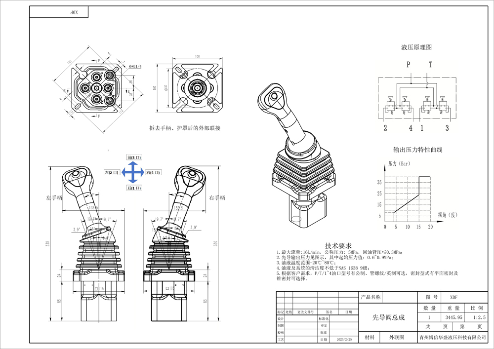 XDF-2 Joystick 2 spolar Hydraulisk Joystick drawing image