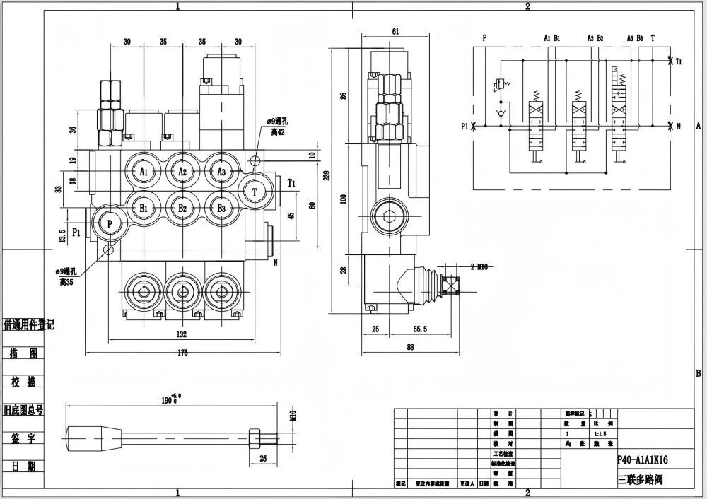 P40-G12-G38-2OT-QTW1 Manuell 3 spolar Monoblockriktningsventil drawing image