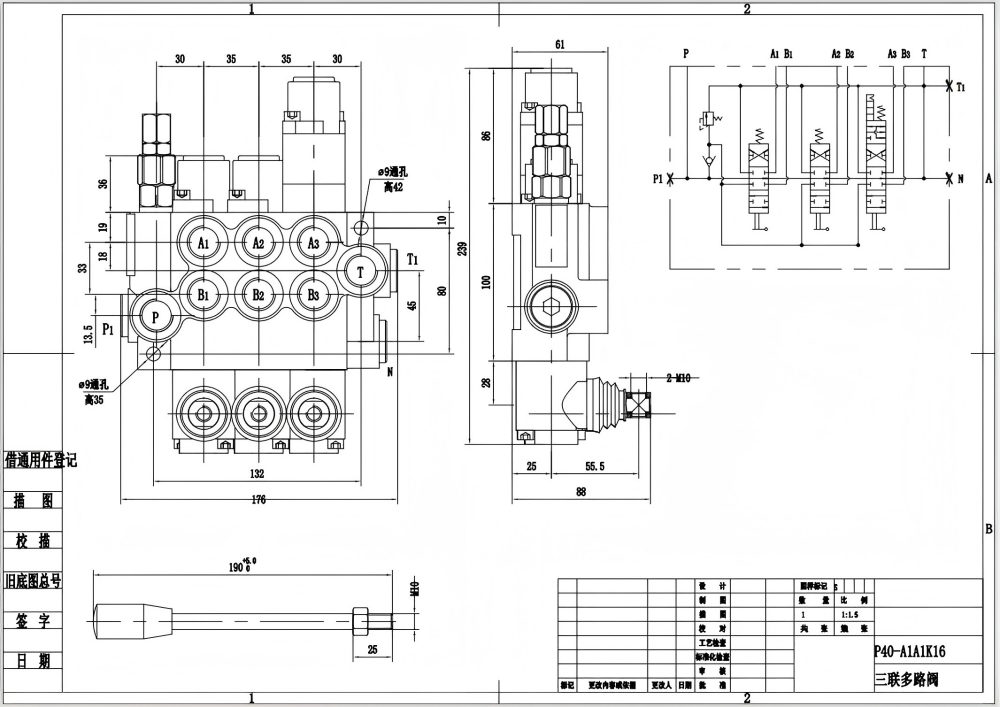P40-G12-G38 Manuell 3 spolar Monoblockriktningsventil drawing image