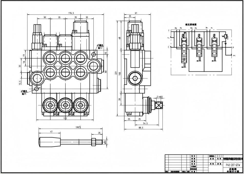 P40-G12-G38-OT-OT-QTW Manuell 3 spolar Monoblockriktningsventil drawing image