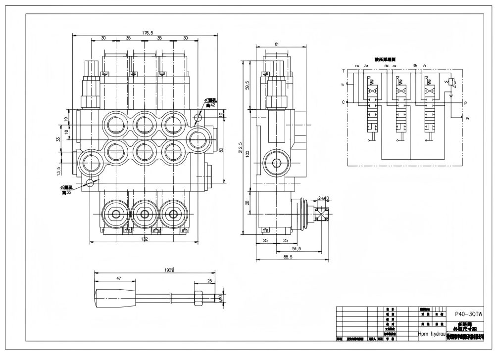 P40-G38-G12-QTW Manuell 3 spolar Monoblockriktningsventil drawing image