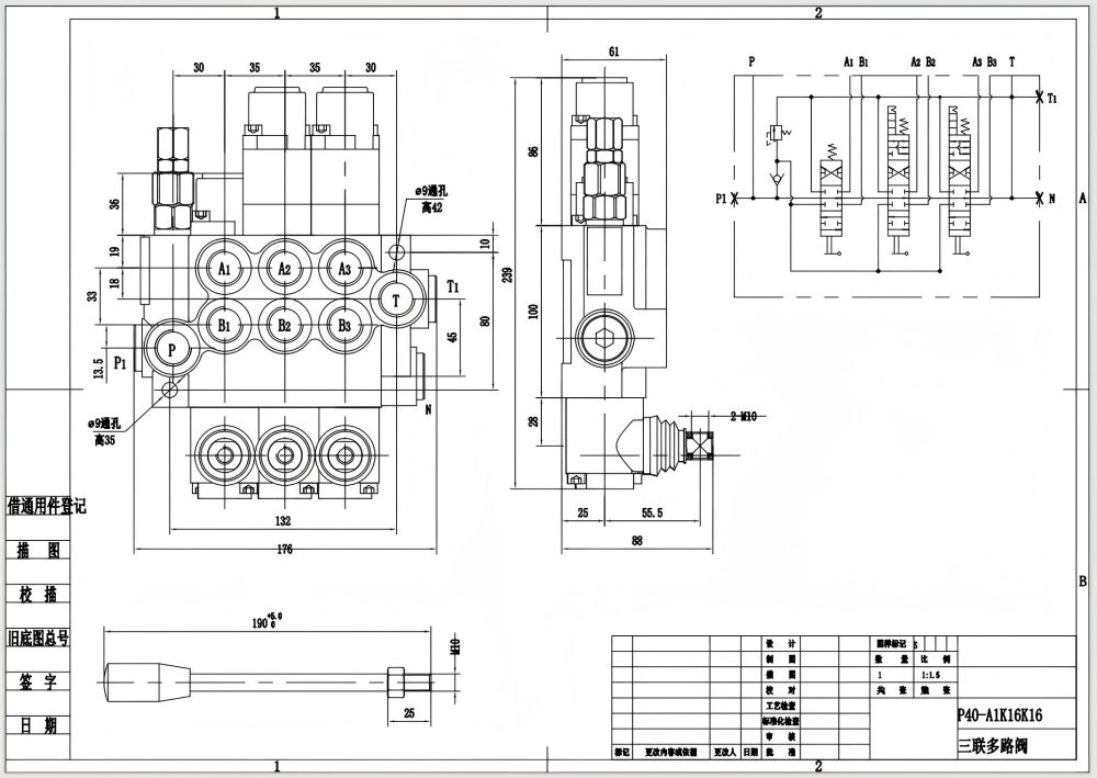 P40-G12-G38-OT-2QTW1 Manuell 3 spolar Monoblockriktningsventil drawing image