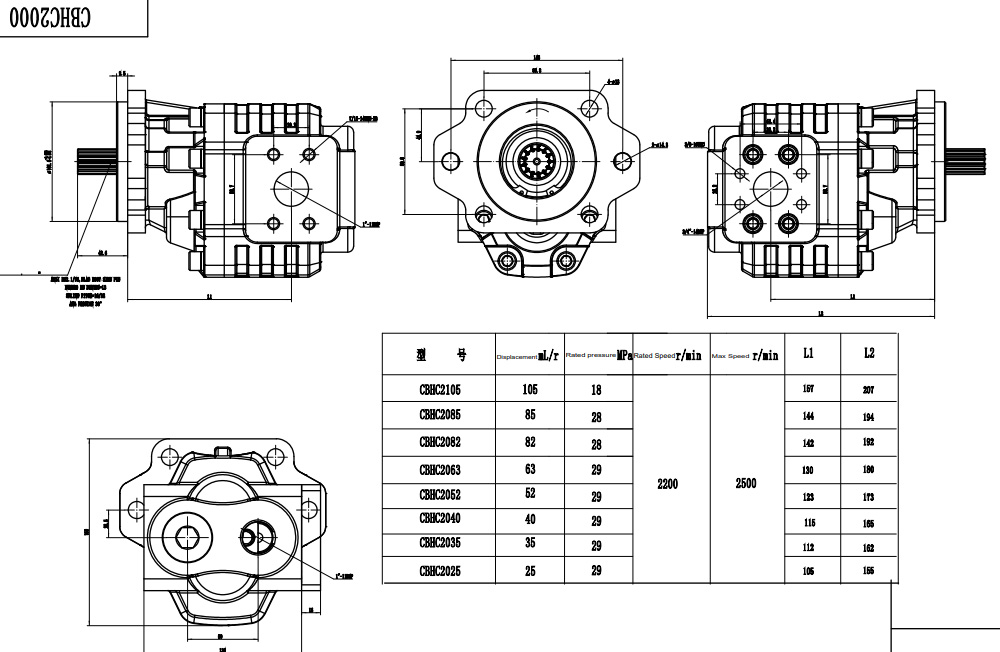 CBHC-2082 82 cc/varv 28 MPa (4061 psi) Hydraulisk kugghjulspump drawing image