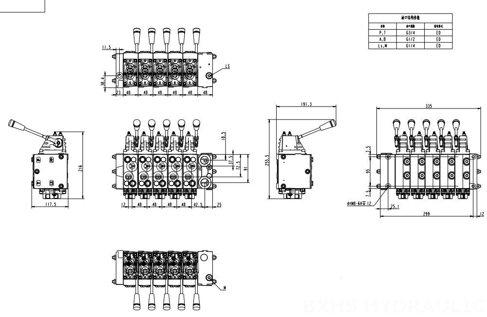 HSDVG32 Elektroproportionell och Manuell 5 spolar Proportionell reglerventil drawing image