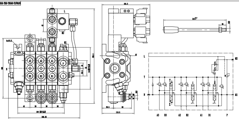 DCV60 Elektrohydraulisk 3 spolar Sektionsstyrvventil drawing image