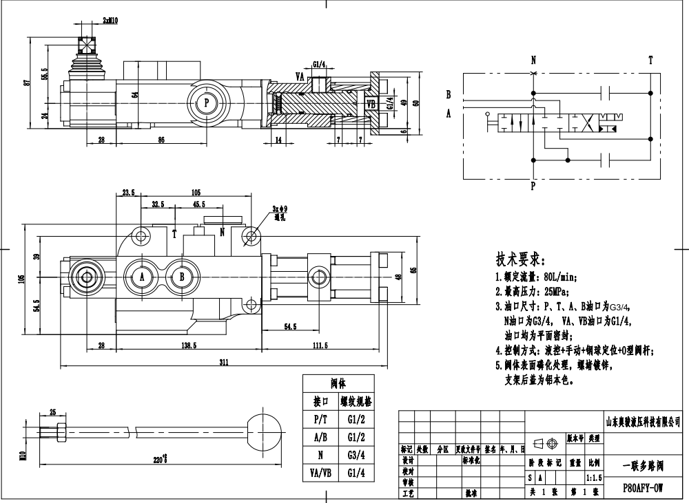 P80F-G34 Hydraulisk 1 spole Monoblockriktningsventil drawing image