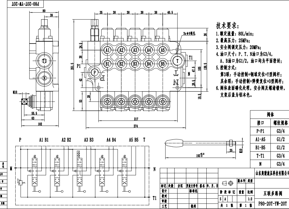P80-G34-G12-2OT-YW-2OT Manuell 5 spolar Monoblockriktningsventil drawing image