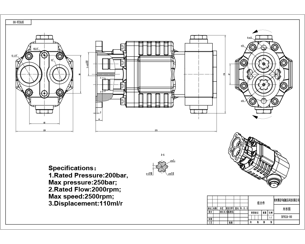 BF110A-ZF1 110 cc/varv 20 MPa (2900 psi) Hydraulisk kugghjulspump drawing image