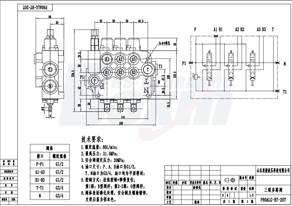 P80A-G-BT-2OT Series 3 Spool Monoblock Valve for Mobile Hydraulics drawing image