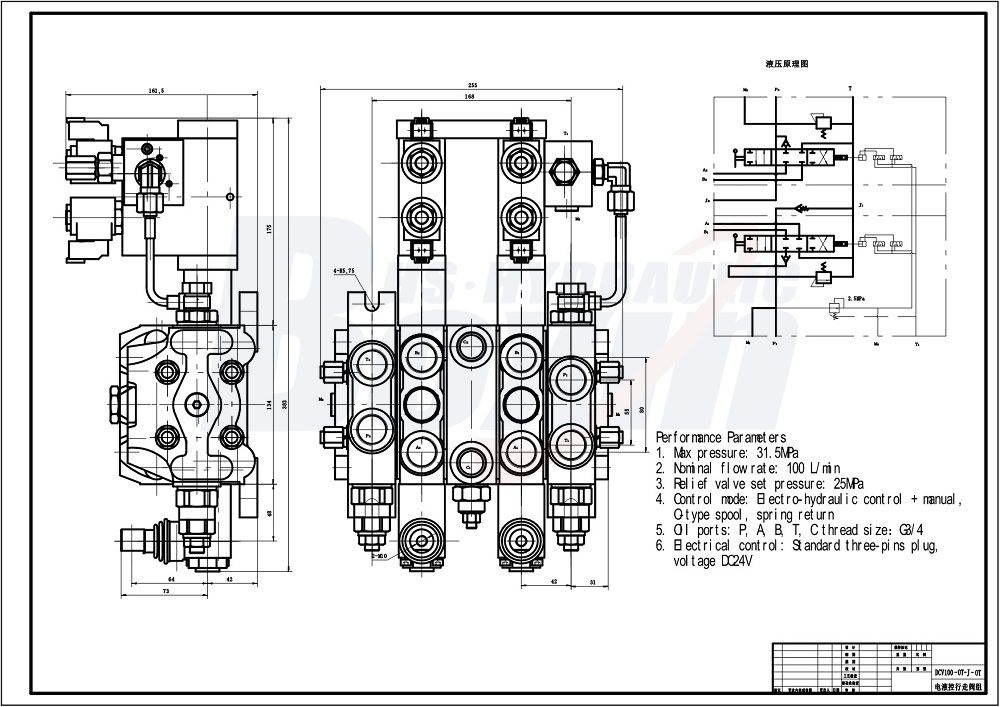 DCV100-OT-J-OT Elektrohydraulisk 2 ventilsektioner Sektionsstyrvventil drawing image