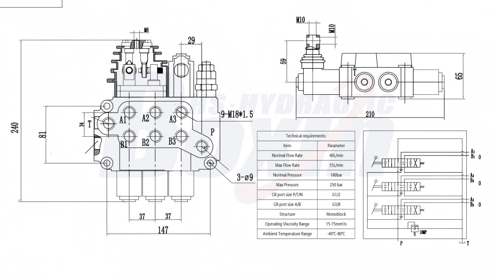High Performance ZT12-OT 3 Spool Hydraulic Valve with Joystick Operation drawing image