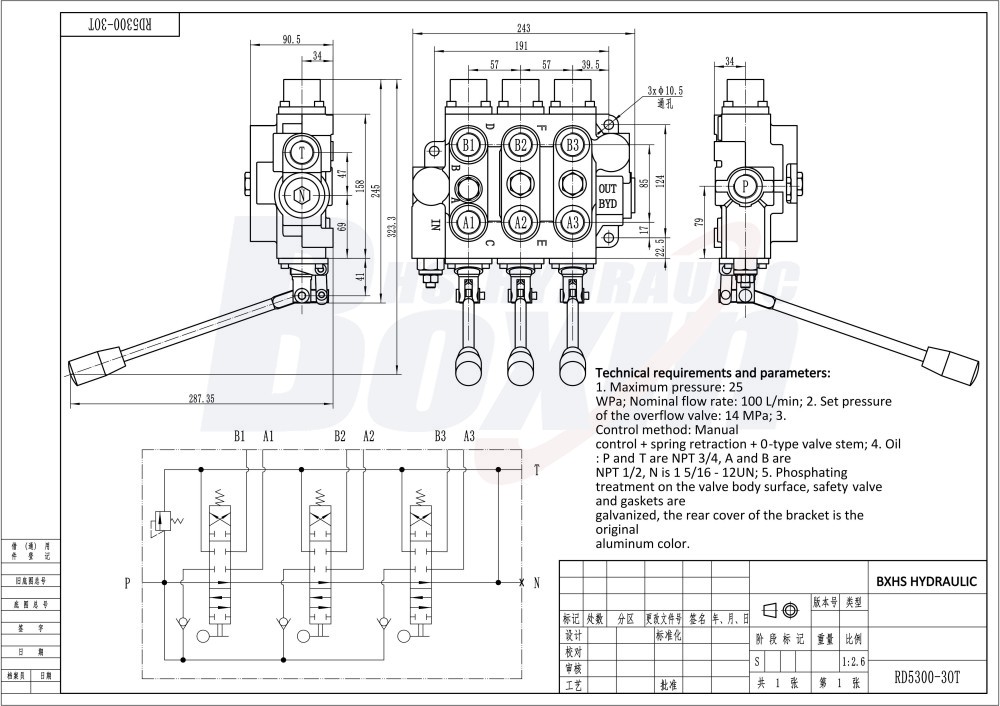 Durable RD5300NPT-3OT 3 Spool Manual Hydraulic Control Valve Supply drawing image